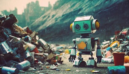 lonely sad ai cartoon robot artwork a lot of trash in background