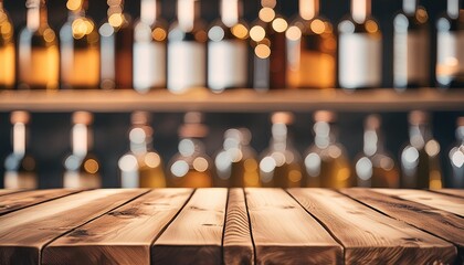 wooden board and beautiful bokeh shelves with alcohol bottles at the background
