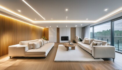 image of drawing room, 3D wall, chic expensive interior of a luxurious house with a modern design with wood and led light, white furniture