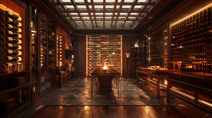A wine cellar with floor-to-ceiling racks, dim lighting, and a tasting table.