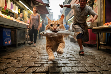 Mischievous Cat Steals Fish in Market - obrazy, fototapety, plakaty