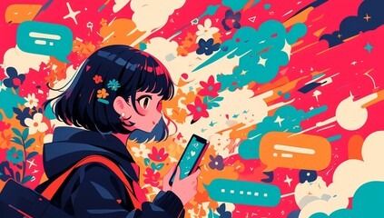 A girl is holding her phone and talking to the screen, surrounded by floating speech bubbles in a anime style illustration.