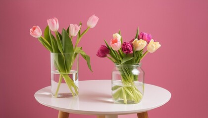 two bouquets of tulips in a glass vase on a white round table opposite a pink background