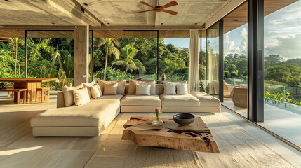 A modern living room with a neutral color palette, featuring a sectional sofa upholstered in eco-friendly fabric, a reclaimed wood coffee table, and panoramic views of the lush tropical