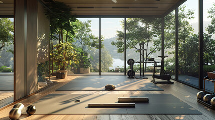 A zen-inspired home gym with a yoga mat, a minimalist weight rack, and a serene view of the...