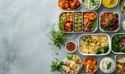 Lunch box with different food, on a simple light marble background. Healthy homemade food in takeaway boxes. Fast food, vegetables, herbs, meat, side dish, sauces - obrazy, fototapety, plakaty