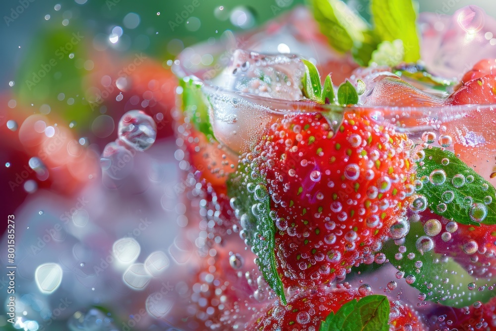 Poster a close up of a strawberry with bubbles surrounding it. the bubbles give the impression of a refresh