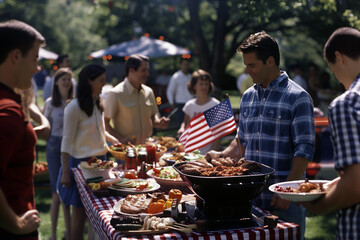 Family and friends gathered around an outdoor grill, with American flags decorating the area