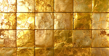Cracked Golden Surface Background. Close-Up of a Wall Covered with Square Tiles, with a Focus on Texture and Light. Golden Luxury Background.  - obrazy, fototapety, plakaty