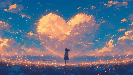 A heart-shaped cloud in the sky. A girl standing under it with her back to us, looking at stars and a pink sunset.