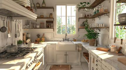 An airy kitchen with open shelving, marble countertops, and a vintage farmhouse sink.