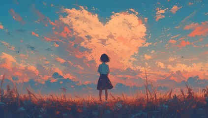 A heart-shaped cloud in the sky. A girl standing under it with her back to us, looking at stars in the pink sunset sky