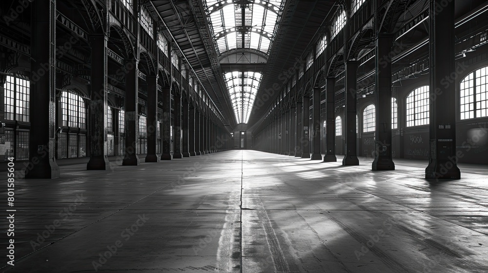 Poster a large, empty building with a lot of windows. the building is mostly black and white. scene is some