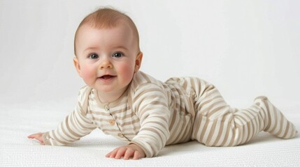 Fototapeta premium A cheerful baby wearing a striped onesie lies on their stomach, looking directly at the camera with a smile.
