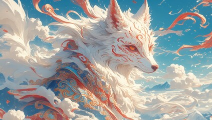 Naklejka premium A humanoid white fox wearing ancient , standing in the air with clouds and flames behind it, fantasy art 