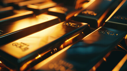 Gold bars close-up, shiny golden ingots in vault, much money bricks in dark room. Concept of luxury blocks, wealth, finance, trade, background.