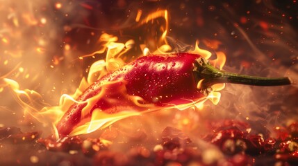 A flaming hot red chilli pepper on fire