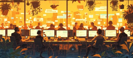 A flat illustration of call center staff working at their desks, with computer screens and headsets in an office setting.