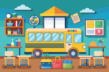 Education Classroom with Yellow School Bus and Learning Supplies. Back to School Concept.