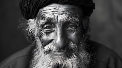 Classic monochrome portrait of an old man smiling.