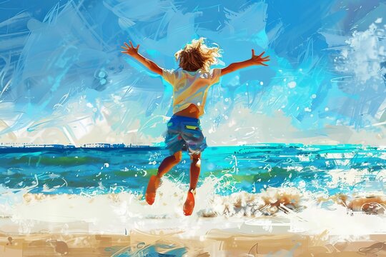 excited child jumping for joy on summer vacation digital painting