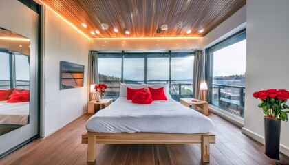 image of bed room, big aluminum windows, a luxurious house with a modern design with led light, white furniture and wood and dark ceiling, red roses
