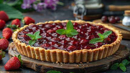   A pie on a wooden cutting board with fresh strawberries and a green garnish