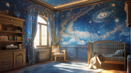 A celestial-themed nursery, constellations painted on the ceiling, and a single rocking chair by the window.