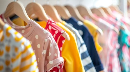 Row of vibrant children clothes on wooden hangers against a blurred background.
