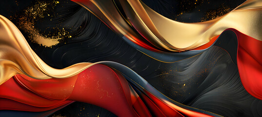 A dynamic abstract background with bold geometric shapes and fluid curves in vivid scarlet red, black, and gold, resembling a high-definition photograph