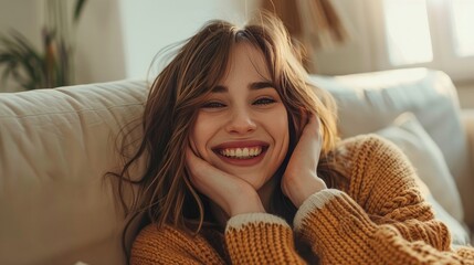 Happy Woman Sitting on Cozy Couch at Home, Smiling and Looking at Camera She is wearing a Warm Sweater and Enjoying a Moment of Relaxation on the Comfortable Sofa Her Natural Beauty Shines