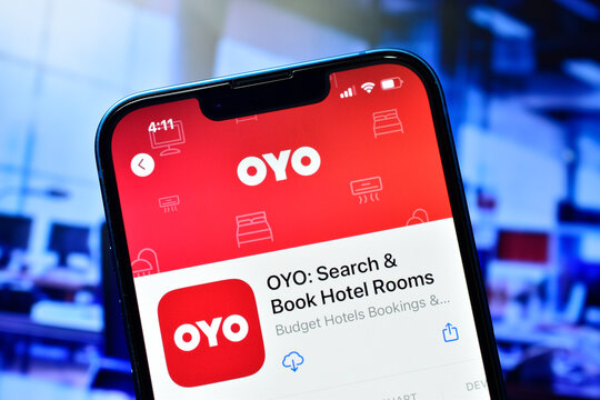 Oyo app on smartphone used to book hotel rooms online