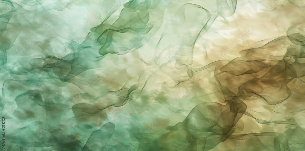 Poster tranquil and mysterious abstract smoke waves background with gradient green and gold colors, creatin