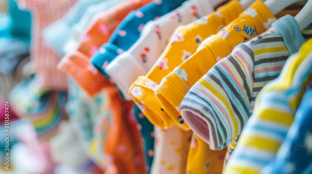 Poster a row of colorful shirts hanging neatly on a metal rack in a store, showcasing different styles and 