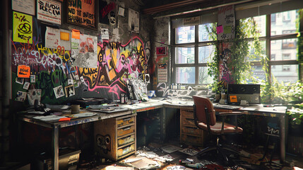 A punk rock study, graffiti-covered desk, and a single safety pin as a paperweight.