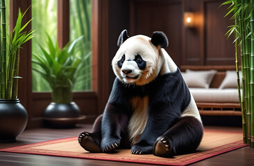 Cute big panda in Asian style interior with bamboo stems