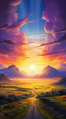 The image shows a beautiful landscape with a bright shining sun and a road leading through a valley between two mountains.