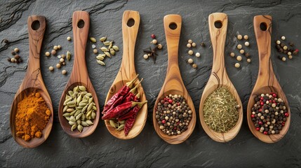 Vibrant Array of Spices and Herbs Presented on Wooden Spoons Against a Dark Background