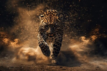 Leopard running at high speed in darkness, dust and flames behind, showing motion blur and detailed texture.