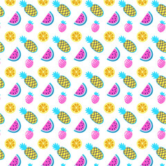 Fruit bright seamless pattern. Colorful tropical fruits on white background. Fashion vector illustration in modern style. Summer abstract design.