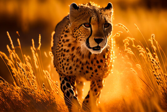 Cheetah running in South Africa meadow with yellow grass and golden sunlight background. Generative AI