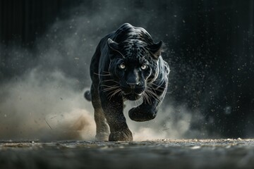 High-speed photography capturing a black panther running towards the camera in a dimly lit setting, with noticeable motion blur and dust particles in the air.