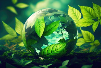 Water drop in earth shape with green leaves in the jungle. World Environment Day and World Water...
