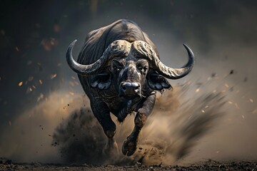 Dark, dynamic image of a buffalo running fast, dust flying, motion blur visible, high contrast, low light.