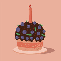 Festive cake with a candle. Pie with blueberries and chocolate. A delicious dessert is a symbol of a sweet holiday. Vector illustration in a flat style.