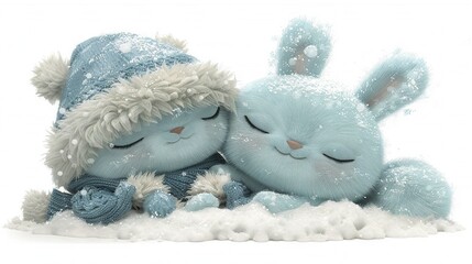 Fototapeta premium A pair of plush animals lounging on a snowy landscape with flurries surrounding them