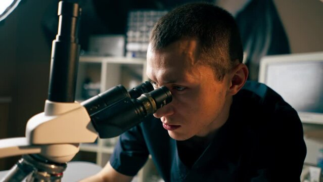 close up in a veterinary clinic a veterinarian doctor checks a smear for infections