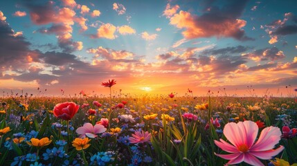 A field of flowers with a bright orange sun in the sky. The sun is setting, casting a warm glow over the field. The flowers are in full bloom, creating a vibrant and colorful scene - obrazy, fototapety, plakaty