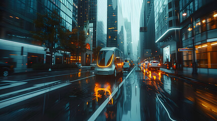 High fidelity image capturing a modern self-driving van moving along a rain-soaked street amidst towering city buildings.