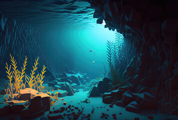 Deep sea and aquatic life with sunshine background. Marine life and undersea concept. Generative AI
